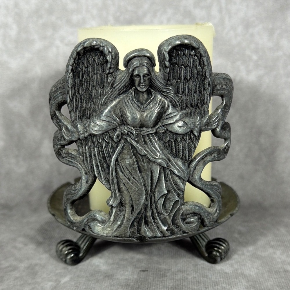 Vtg Angel Candle Holder Pillar Stand Pewter Metal Guardian Taiwan 90s Religious